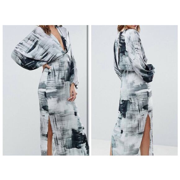 ASOS Maxi Dress Deep V-neck Batwing Sleeve Abstract Gray Black Lavender Size 10 - Picture 2 of 9